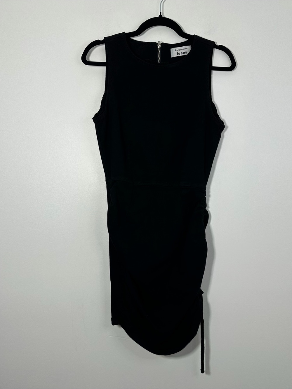 Reformation Jeans Gigi Denim Dress Black Sleeveless Ruched Bodycon Mini Dress